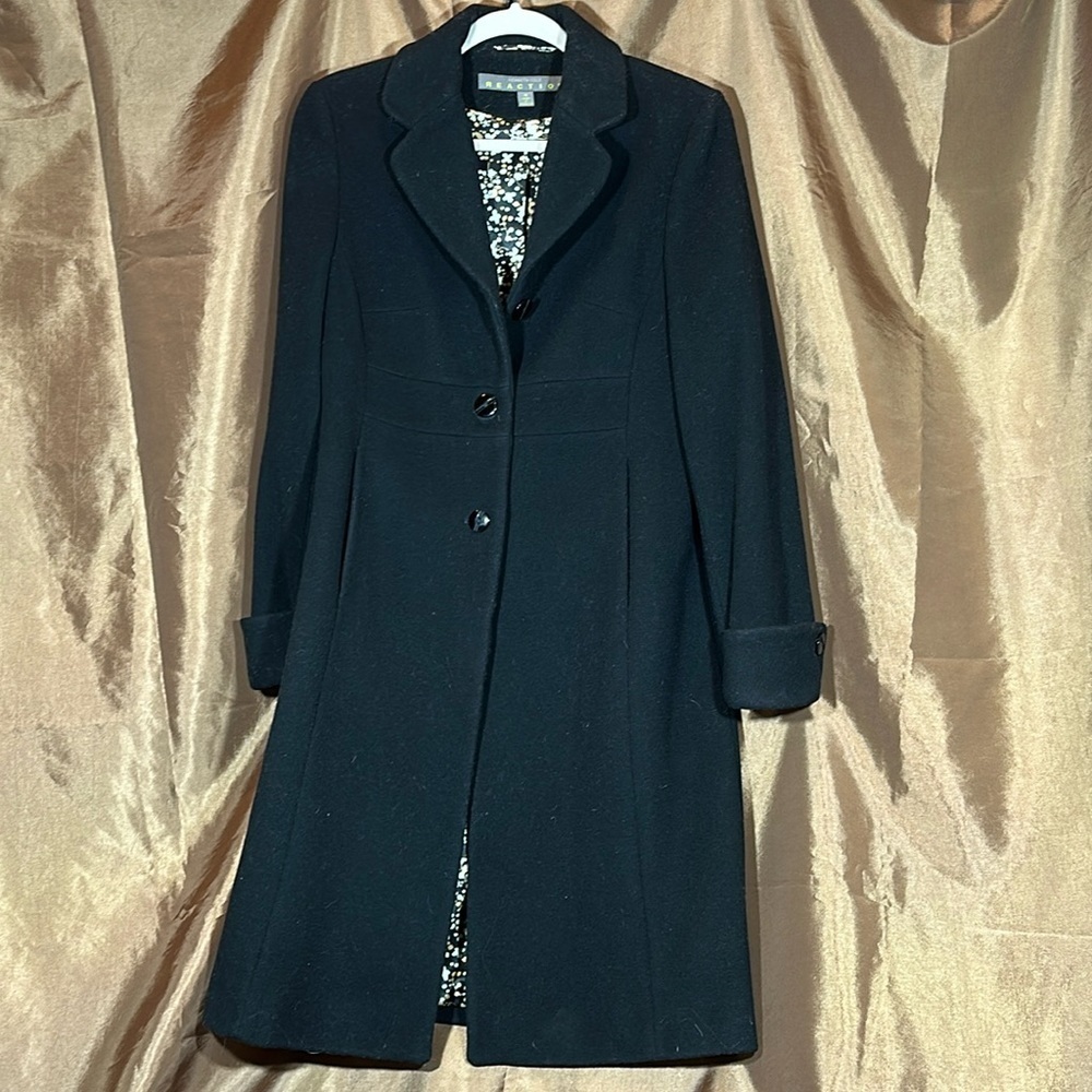 Kenneth Cole Black Dress Coat Floral Lining Tailored Wool - Picture 2 of 8